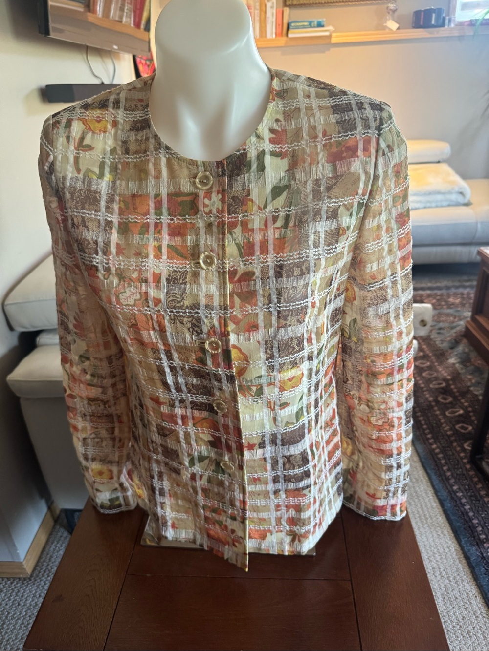 Caribbean Multicolor Plaid Floral Blazer in Cream, Brown & Orange